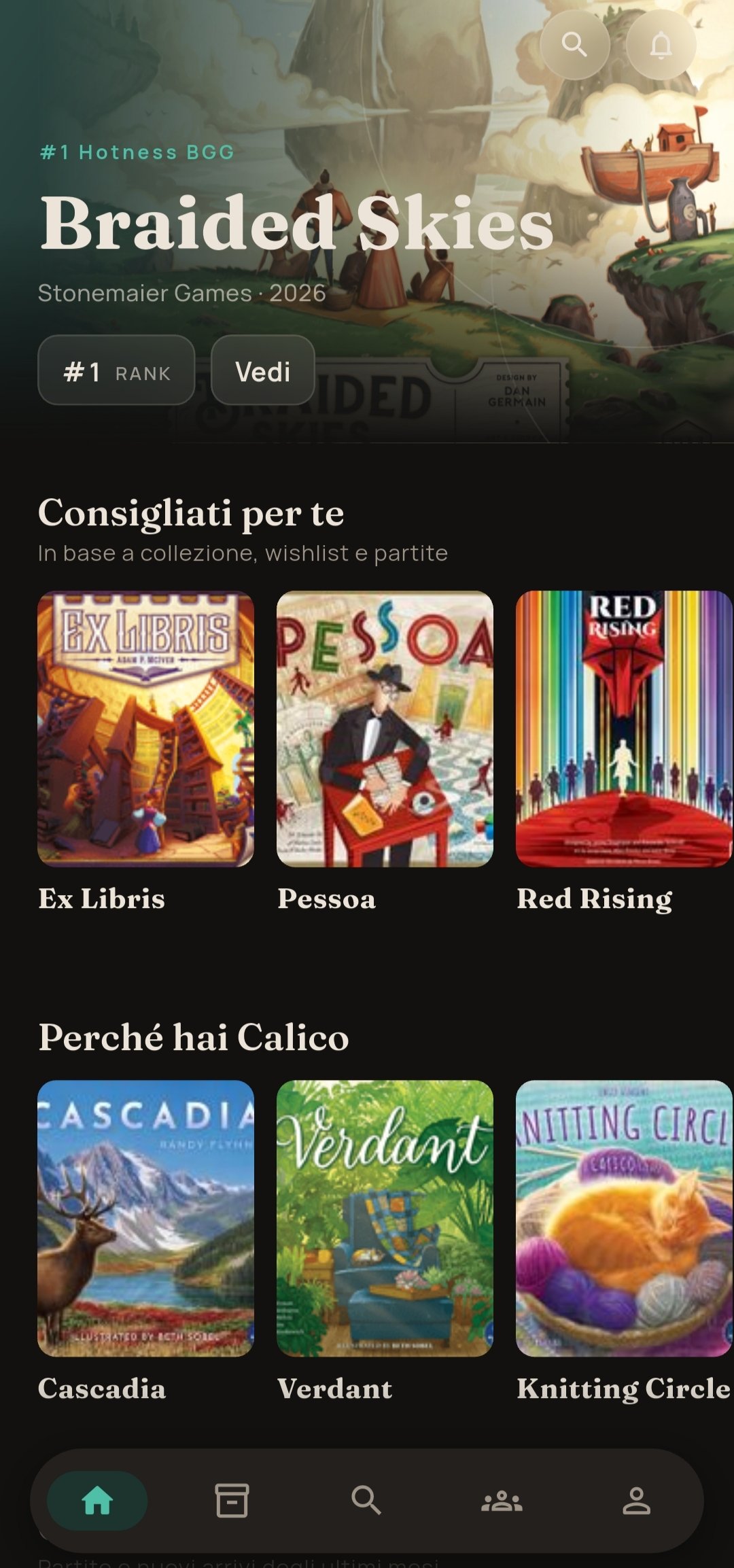 La home dell'app: il gioco più in tendenza del giorno e, sotto, i giochi consigliati in base alla tua collezione